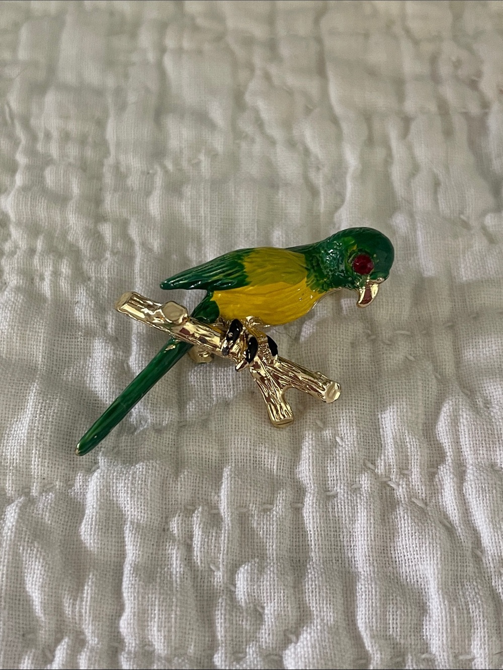 Green and Yellow Parrot Bird Brooch Pin - Gold Accent
